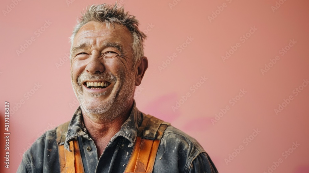 Man pleased, smiling with art gesture in front of pink wall Man pleased, smiling with art gesture in front of pink wall