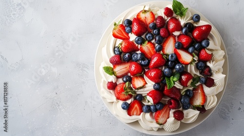 Top view of Australian pavlova with berries, using the rule of thirds, with ample copy space