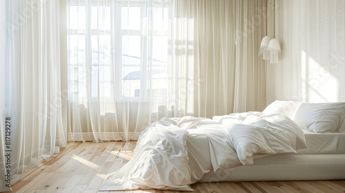 Airy classic bedroom with a white double bed, sheer curtains, and a light wooden floor for a serene ambiance.