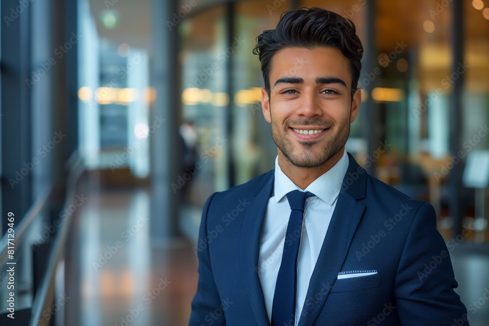 A stylish, confident businessman in a suit and tie smiles at the camera against an office backdrop. A stylish, confident businessman in a suit and tie smiles at the camera against an office backdrop.
