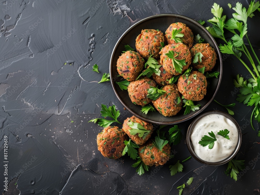 Top view of Egyptian falafel with tahini, using the rule of thirds, with ample copy space Top view of Egyptian falafel with tahini, using the rule of thirds, with ample copy space