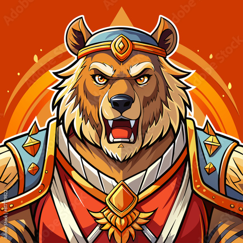 Grizzly bear warrior avatar vector, A digitally illustrated avatar of a mystic warrior, adorned with intricate armor against abstract background