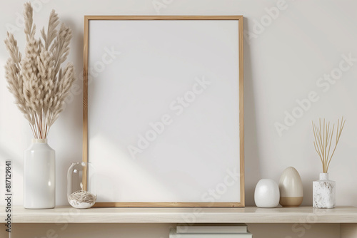 Mock up poster frame close up on shelf with decoration 3d render