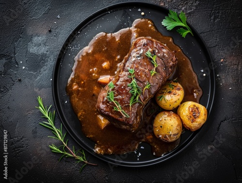 Top view of German rouladen with gravy, using the rule of thirds, with ample copy space, hearty and savory, high-quality image