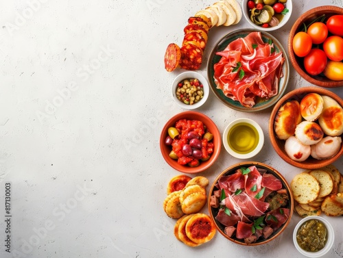 Top view of assorted Spanish tapas with a variety of small dishes, using the rule of thirds, with ample copy space