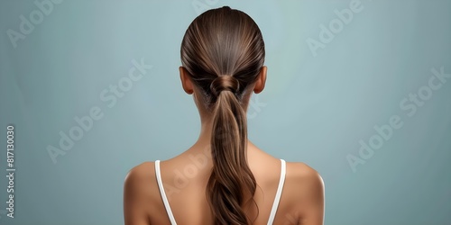 Rear view of woman with hair in ponytail. Concept Fashion Photoshoot, Ponytail Hairstyle, Back View Pose photo