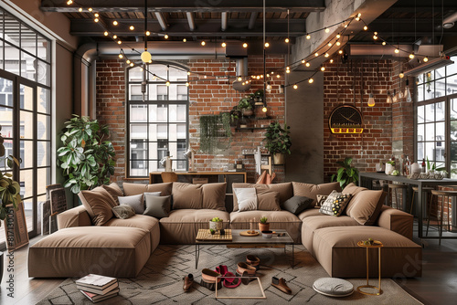 Living room interior in loft industrial style 3d render