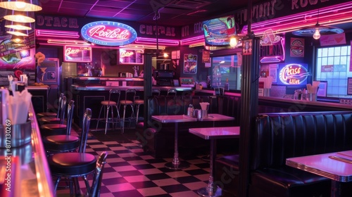 A classic diner with neon signs, checkered floor, and cozy booths creates a nostalgic atmosphere in the evening. © Prostock-studio