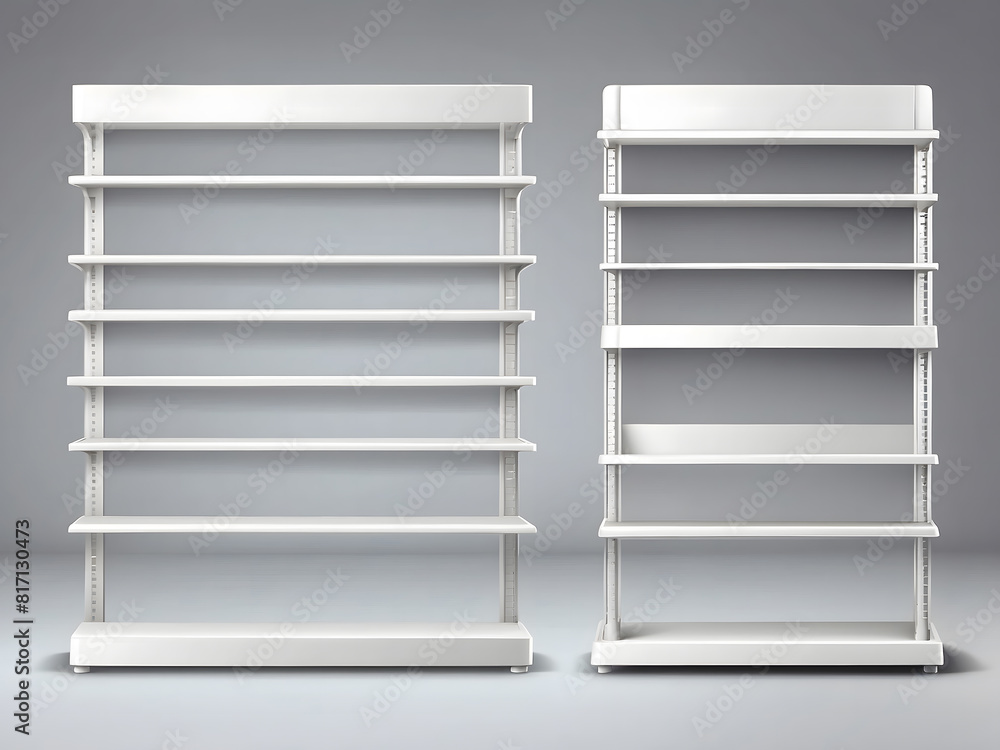 White empty supermarket shelf mockup with racks for product display. A realistic 3d vector illustration set of bookcases stands in different angles of view. Blank mock-up of store promotion equipment White empty supermarket shelf mockup with racks for product display. A realistic 3d vector illustration set of bookcases stands in different angles of view. Blank mock-up of store promotion equipment