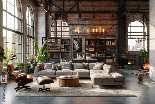 Living room interior in loft industrial style 3d render