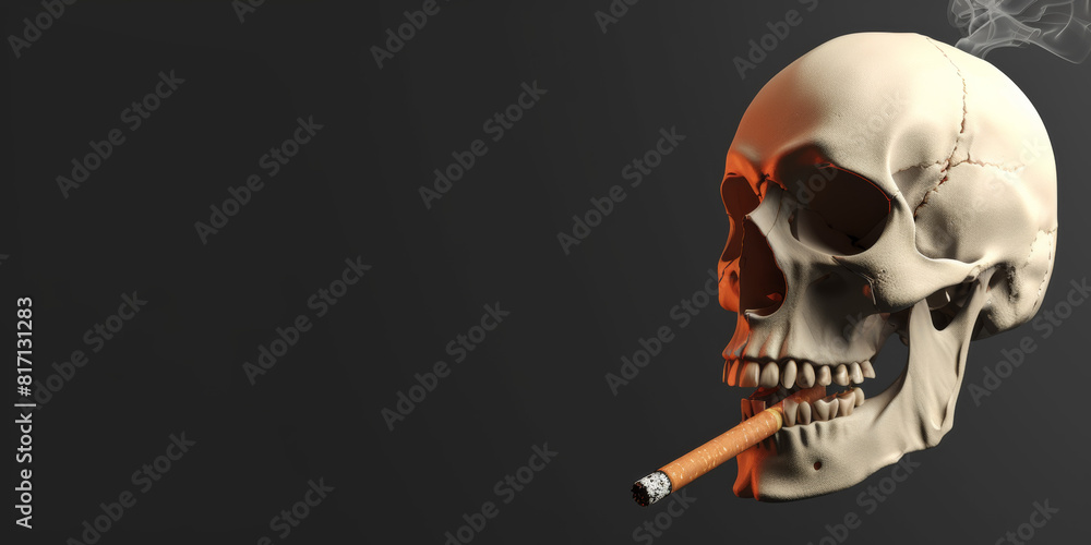 Human skull composed of cigarettes and smoking a cigarette. Smoking harm concept. Human skull composed of cigarettes and smoking a cigarette. Smoking harm concept.