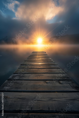 Wooden jetty goes into sea. Foggy morning.