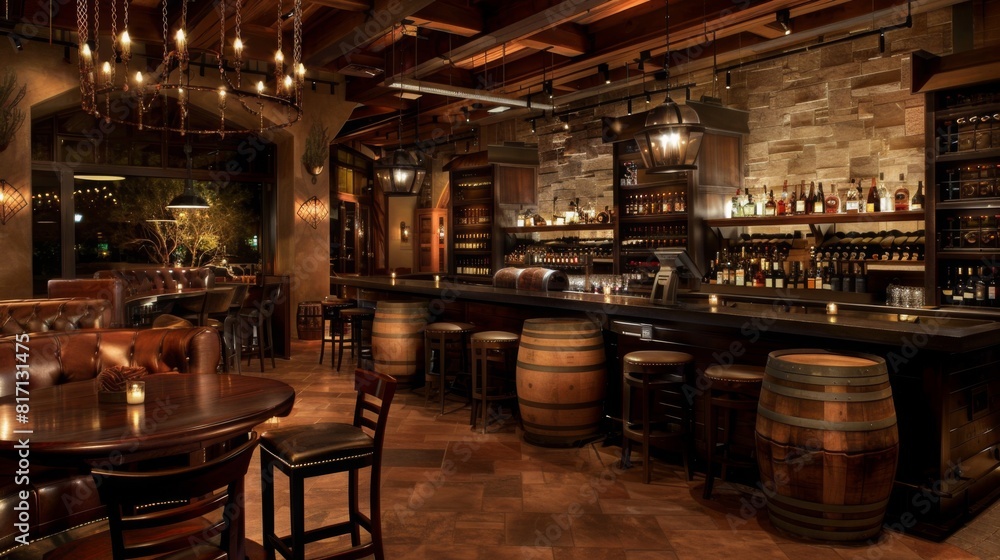 A bar setting filled with a variety of barrels and chairs, creating a cozy and rustic atmosphere for patrons to enjoy drinks and socialize. A bar setting filled with a variety of barrels and chairs, creating a cozy and rustic atmosphere for patrons to enjoy drinks and socialize.
