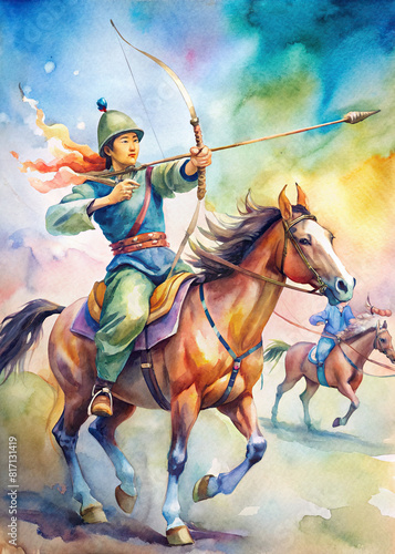 Vibrant depiction of Mongolian horse archery competition, showcasing the riders' skill and agility 