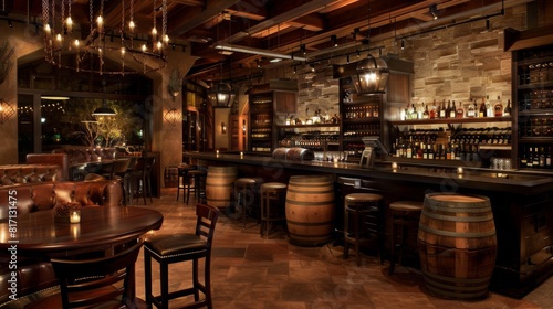 A bar setting filled with a variety of barrels and chairs  creating a cozy and rustic atmosphere for patrons to enjoy drinks and socialize.