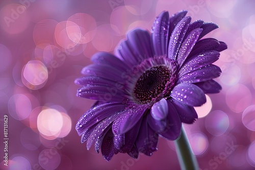 Purple flower with water droplets in front of blurry background