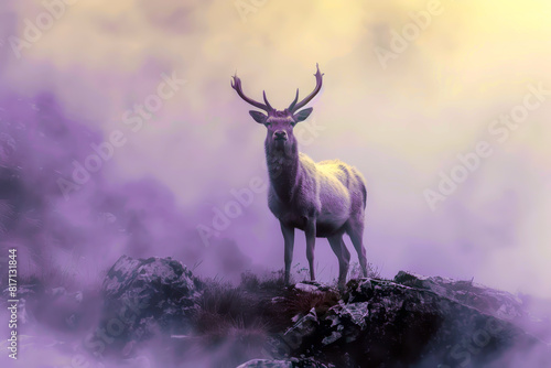 Mystic stag standing on a rocky outcrop in a foggy mountainous landscape, evoking a sense of wilderness and tranquility