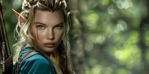 Blonde-haired Elven archer with green eyes in a forest setting. Concept Fantasy Character, Elven Archer, Forest, Blonde Hair, Green Eyes photo