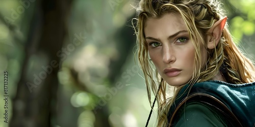 Blonde-haired Elven archer with green eyes in a forest setting. Concept Fantasy, Nature, Character Design, Photography, Elven Lore photo