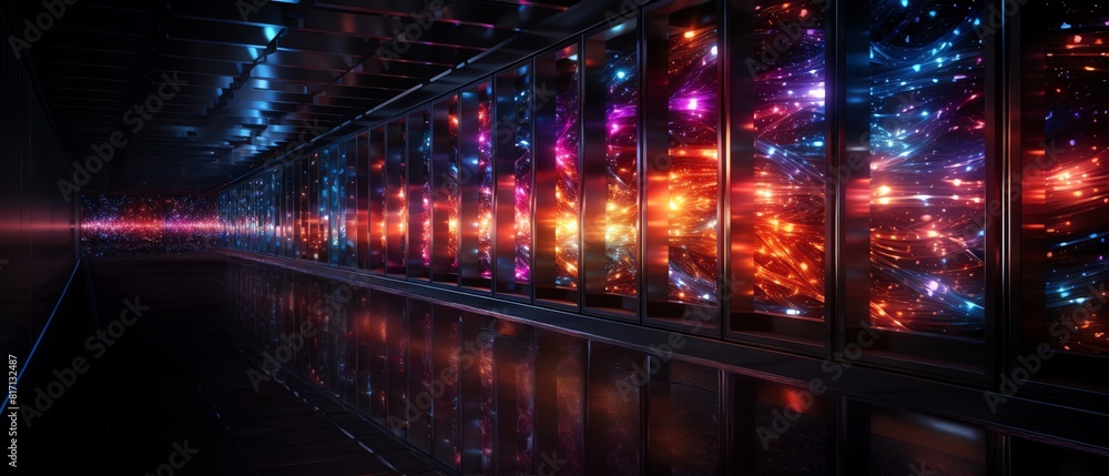 Quantum Server Rack Quantum server room data flow, side view, active red and black swirls ...