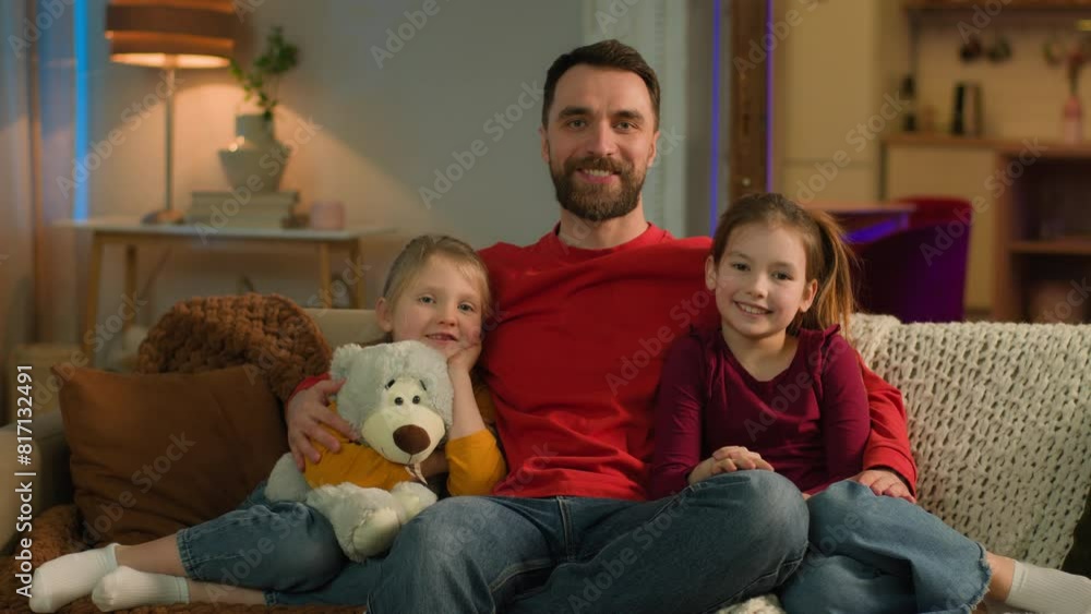 Caucasian happy family portrait parent man father cuddling kids on sofa at home evening joyful dad hug daughters little school girls siblings laugh children custody adoption medical health insurance Caucasian happy family portrait parent man father cuddling kids on sofa at home evening joyful dad hug daughters little school girls siblings laugh children custody adoption medical health insurance