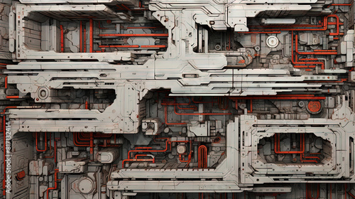 Fototapeta Naklejka Na Ścianę i Meble -  Background with metallic panels texture, wires and circuit. Spaceship hull wall technology background.