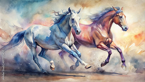 Dramatic watercolor illustration capturing the intense rivalry between two powerful horses as they neck-and-neck towards the finish line  their muscles straining with effort and determination.
