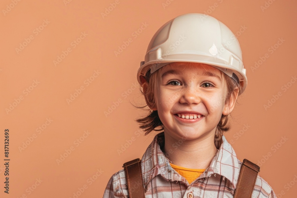 The smiling face of a young boy in orange workwear and hard hat The smiling face of a young boy in orange workwear and hard hat