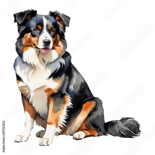 Australian Shepherd Dog Sitting Hand Drawn Watercolor Painting Illustration