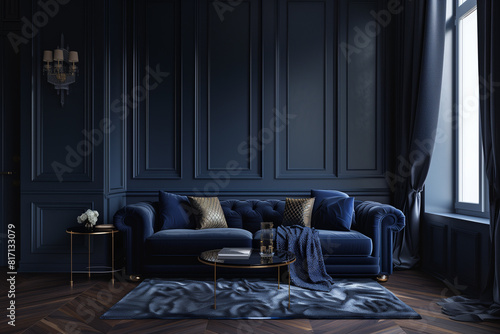 Dark blue living room interior with sofa classic modern interior 3d render