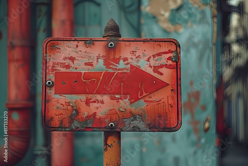 A rusted red sign showing a right arrow