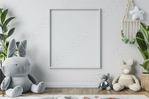 Mock up frame in unisex children room interior background 3D render photo