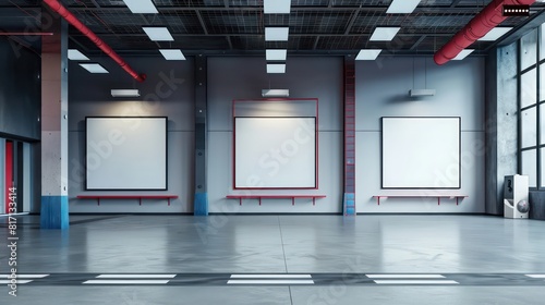 industrial empty warehouse with blank screens