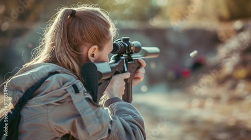White woman practicing target shooting sport, person is focused and enjoying the sport, sports photography, generative ai photo