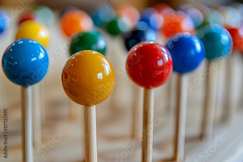 Many different colored lollipops on sticks on a table photo