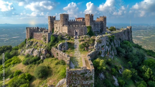 Majestic medieval castle fortress with towering towers and ancient stone architecture, symbolizing the rich history and heritage of Europe, with an eagle soaring above. Seamless looping 4k timelapse  photo