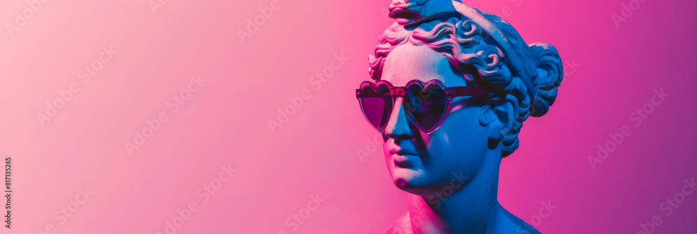 Vibrant Statue Bust with Heart-Shaped Sunglasses on Pink Background Vibrant Statue Bust with Heart-Shaped Sunglasses on Pink Background