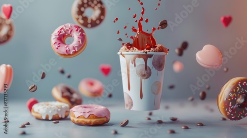 A trendy and creative Valentine s Day scene featuring a paper cup adorned with coffee or tea splashes accompanied by delectable donuts all set against a stylish gray backdrop seemingly floa photo