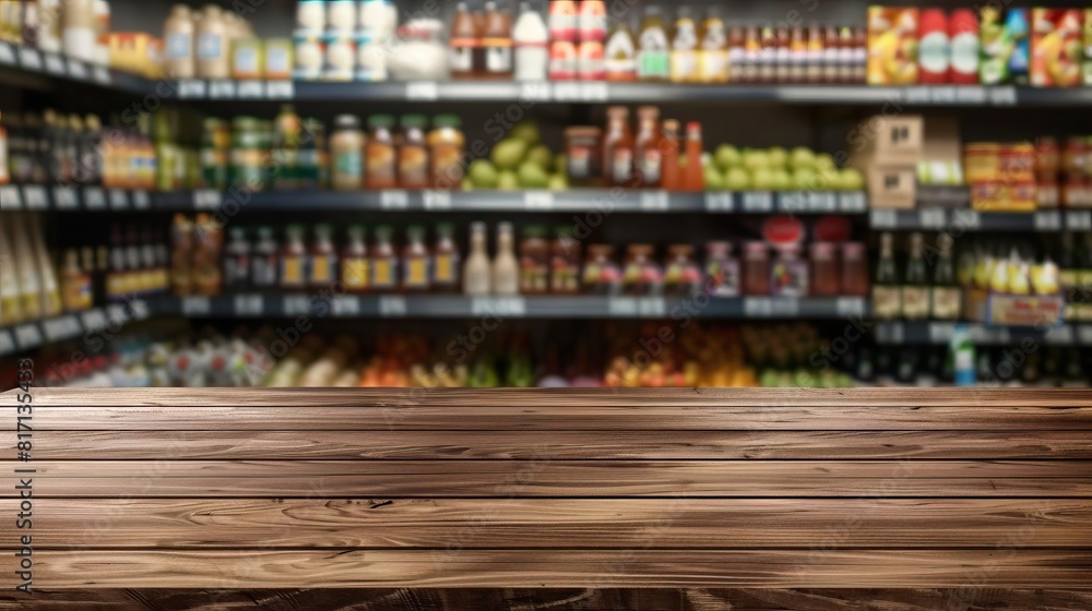 Sleek wooden table foreground with a vibrant background of a well-stocked grocery store, perfect for displaying food products or promotions Sleek wooden table foreground with a vibrant background of a well-stocked grocery store, perfect for displaying food products or promotions