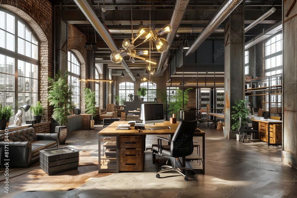 Modern office interior in loft industrial style 3d render