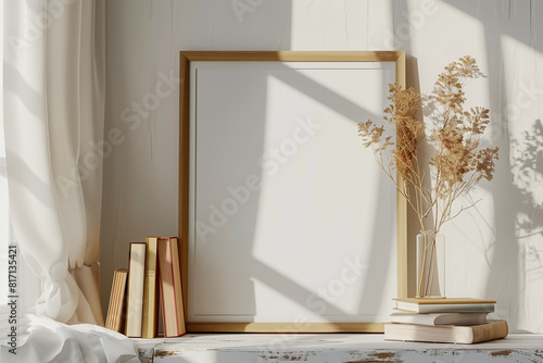 Mockup frame dry flower and books standing close up near window 3d render