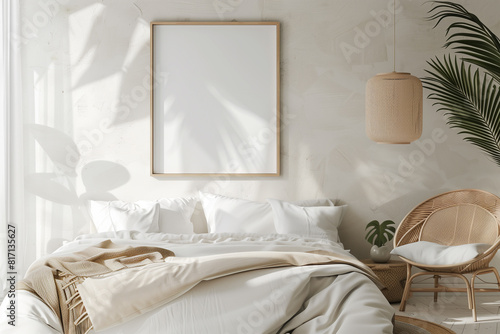 Mock up frame in cozy home interior background coastal style bedroom 3d render