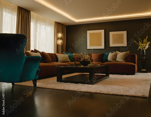 Stylish living room featuring a striking blue sofa, modern decor, cozy lighting, and a welcoming contemporary style