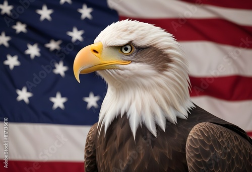 A bald eagle with its head turned to the side  perched in front of an American flag background