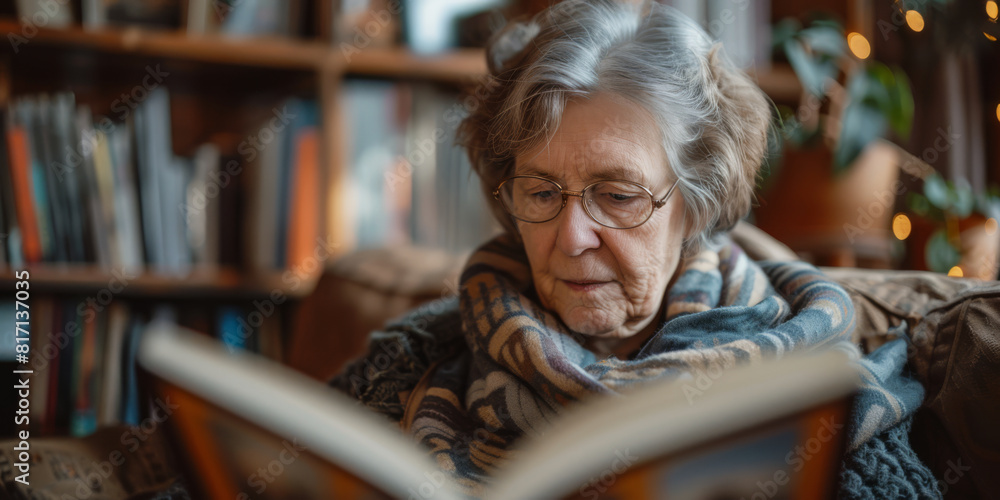 Senior Lady Reading a Book in a Cozy Home Setting Senior Lady Reading a Book in a Cozy Home Setting