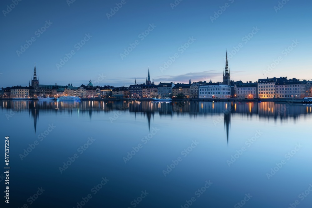 Serene Scandinavian City Skyline at Blue Hour with Minimalist Architecture