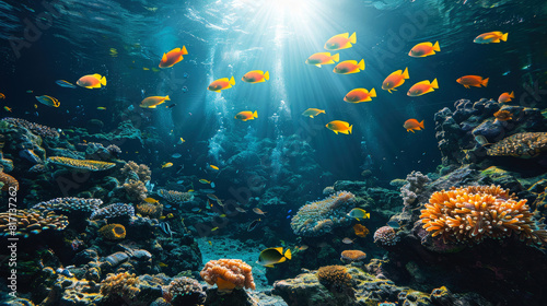 a school of tropical fish among vibrant coral reefs, sunlight pierces the ocean. perfect for conservation, themes on marine life and nature. underwater ecosystems, eco-tourism, summer holiday concept