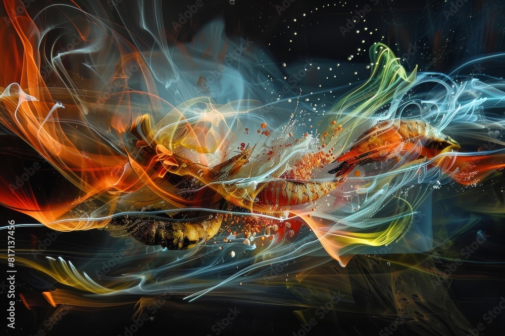 Dynamic Representation of Seafood Cooking with Vivid Flames and Splashing Water Dynamic Representation of Seafood Cooking with Vivid Flames and Splashing Water