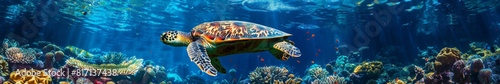 Vibrant Sea Turtle Swimming in a Colorful Coral Reef