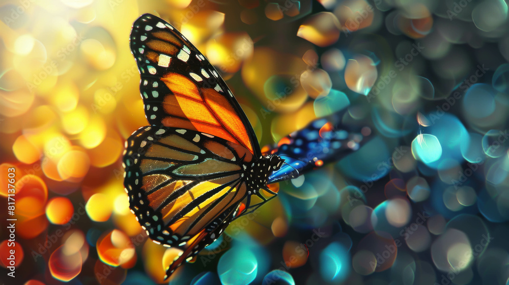 A butterfly is flying in the air with a colorful background. The butterfly is orange and black, and it is the main focus of the image. The background is a mix of blue and red, creating a vibrant A butterfly is flying in the air with a colorful background. The butterfly is orange and black, and it is the main focus of the image. The background is a mix of blue and red, creating a vibrant